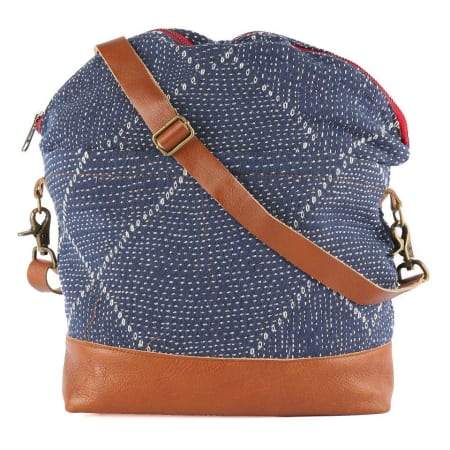 Vaabara Designs Avery Messenger Bag - Blue Kantha ( Brown Leather)