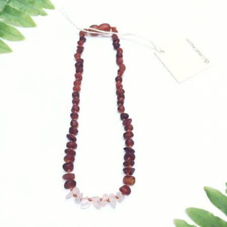 Canyon Leaf Raw Amber + Rose Quartz Necklace 11in (Raw Honey)