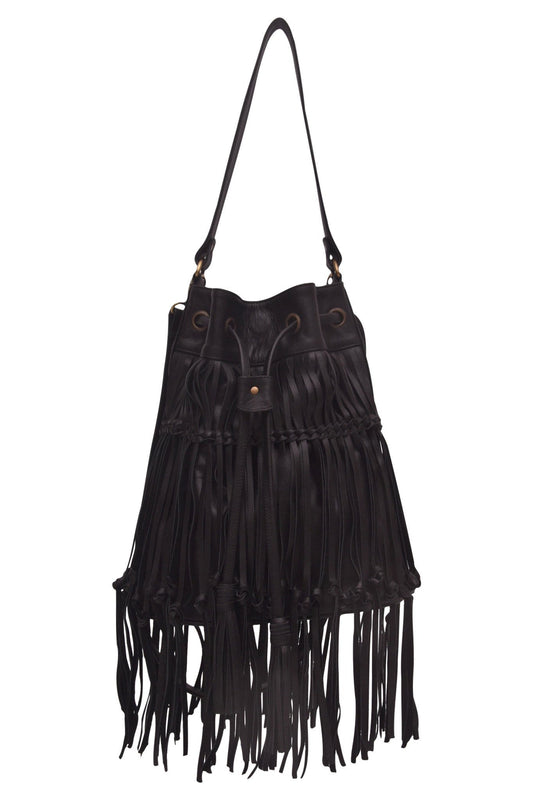 Elf Angel Feather Leather Fringe Bag - Black