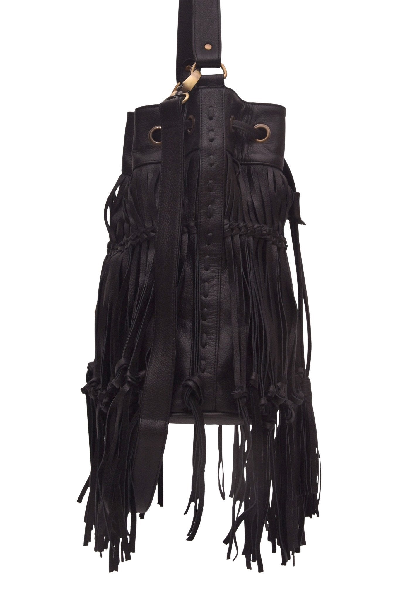 Elf Angel Feather Leather Fringe Bag - Black