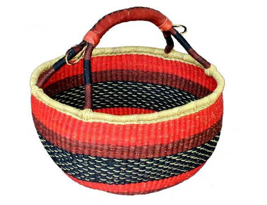 African Market Basket - Large Round Basket with Leather Handle