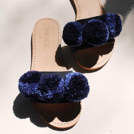 Binge Knitting Pom Slip-ons - Indigo Size 9