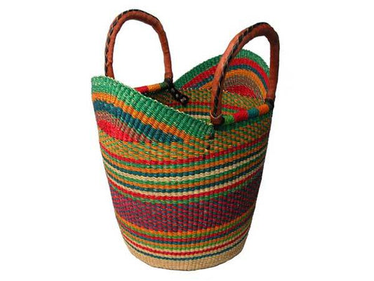 African Market Basket - Shopping Tote with Leather Handles