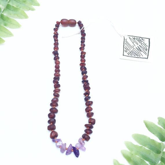 Canyon Leaf Raw Amber + Raw Amethyst Necklace 11in