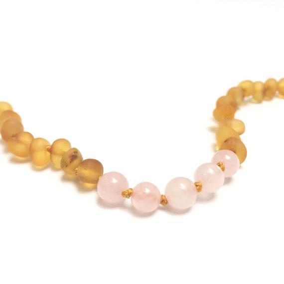 Canyon Leaf Raw Amber + Rose Quartz Necklace 13in (Raw Honey)
