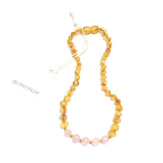 Canyon Leaf Adult Raw Honey Amber + Rose Quartz Necklace 21in